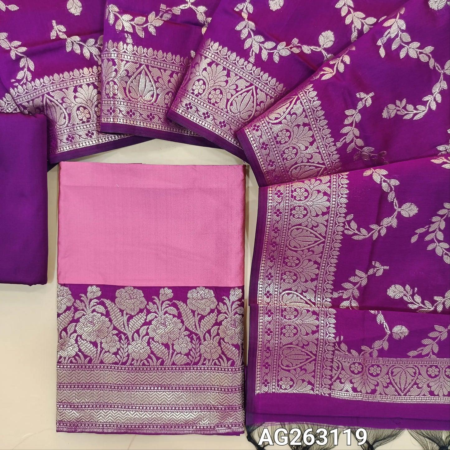 Pastel Pink and dark purplish pink benarasi woven silk cotton unstitched salwar material, rich zari woven daman (Lining Needed) purple silk cotton bottom, benarasi zari woven rich silk cotton dupatta. AG263120