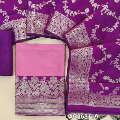 Pastel Pink and dark purplish pink benarasi woven silk cotton unstitched salwar material, rich zari woven daman (Lining Needed) purple silk cotton bottom, benarasi zari woven rich silk cotton dupatta. AG263120