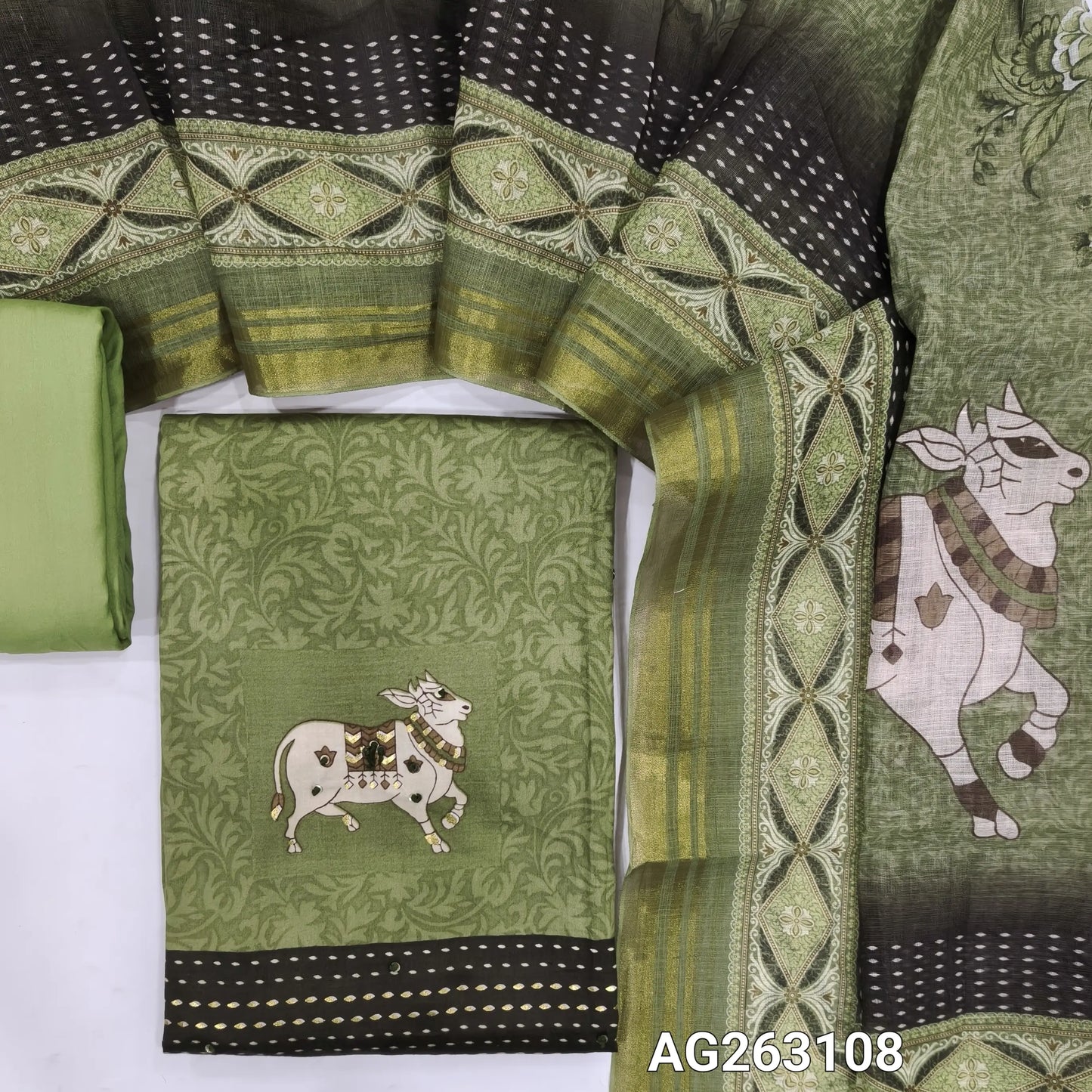 Sage Green soft cotton digital printed unstitched salwar material, thread and sequins detailing (Lining Needed) matching spun cotton bottom, semi linen digital printed dupatta with lace tapings and borders. AG263108