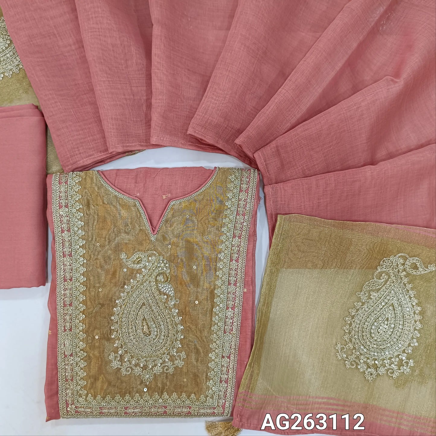 Pink designer premium silk cotton unstitched salwar material, rich tissue yoke with embroidery and zari detailing, zari woven buttas all over, tissue daman (Lining Needed) Matching Bottom, Silk Cotton dupatta with rich pallu. AG263112