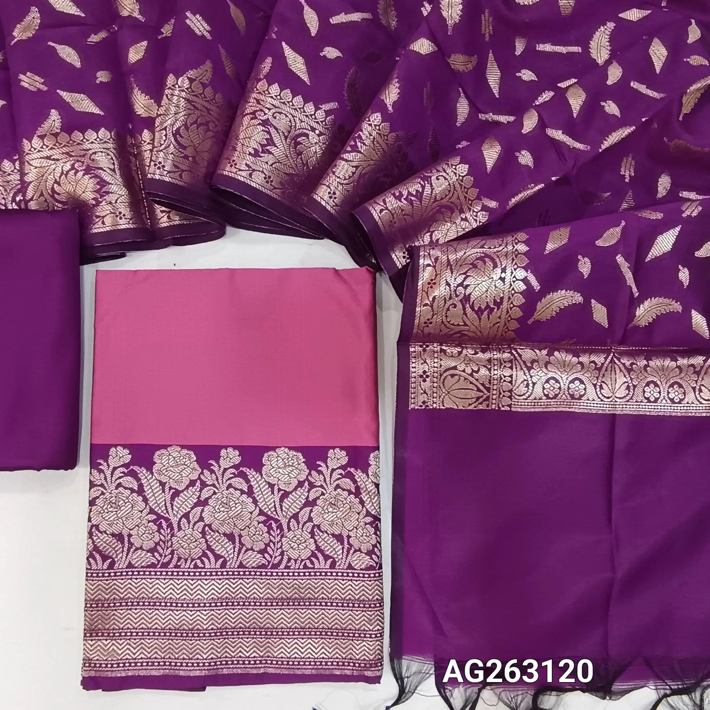 Pastel Pink and dark purplish pink benarasi woven silk cotton unstitched salwar material, rich zari woven daman (Lining Needed) purple silk cotton bottom, benarasi zari woven rich silk cotton dupatta. AG263119