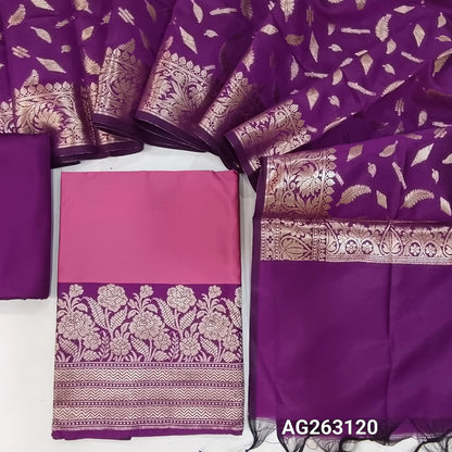 Pastel Pink and dark purplish pink benarasi woven silk cotton unstitched salwar material, rich zari woven daman (Lining Needed) purple silk cotton bottom, benarasi zari woven rich silk cotton dupatta. AG263119