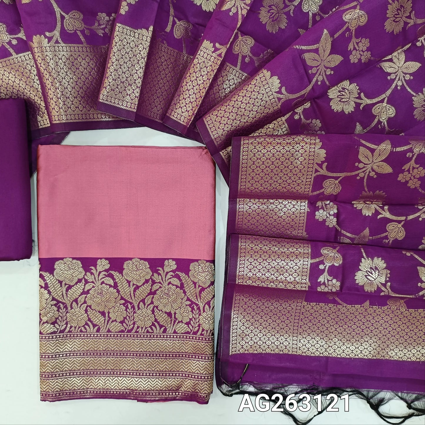 Pastel Pink and dark purplish pink benarasi woven silk cotton unstitched salwar material, rich zari woven daman (Lining Needed) purple silk cotton bottom, benarasi zari woven rich silk cotton dupatta. AG263121