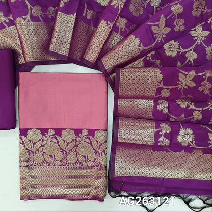 Pastel Pink and dark purplish pink benarasi woven silk cotton unstitched salwar material, rich zari woven daman (Lining Needed) purple silk cotton bottom, benarasi zari woven rich silk cotton dupatta. AG263121