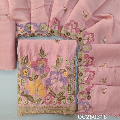 Pastel pink mul chanderi unstitched salwar material,embroidery on front,floral embroidery work on daman,( soft,lining needed)cotton bottom,embroidery on  mul chanderi dupatta with floral embroidery and cut work. OC260318