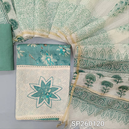 Turquoise Green digital printed satin cotton unstitched salwar material, applique work on daman (Smooth, Lining Optional) Drum dyed cotton bottom, hand block printed kota cotton dupatta. TAPINGS NEEDED. SP260120