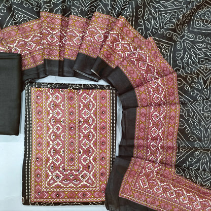Black bandhini printed soft cotton unstitched salwar material, printed contrast yoke and daman (Lining Needed0matching spun cotton bottom, diital printed soft mul cotton dupatta. SP260629