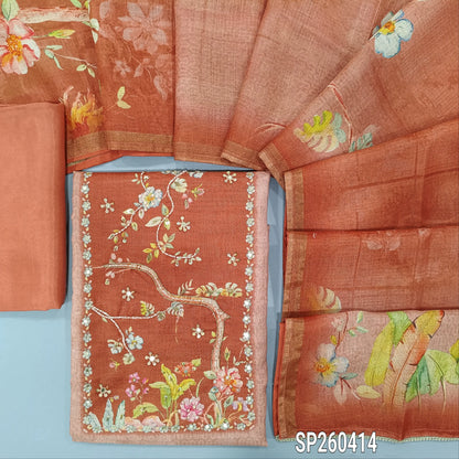 Peach tissue linen digital printed unstitched salwar material, bead and embroidery detailing on yoke (Textured, Lining Needed) matching spun cotton bottom, digital printed tissue linen dupatta. SP260414