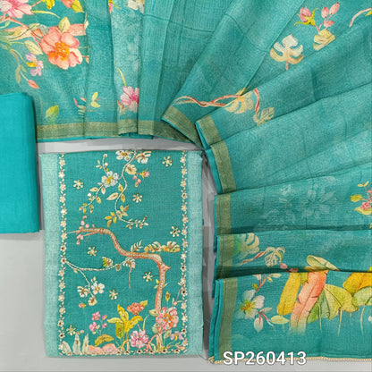 Blue tissue linen digital printed unstitched salwar material, bead and embroidery detailing on yoke (Textured, Lining Needed) matching spun cotton bottom, digital printed tissue linen dupatta. SP260413