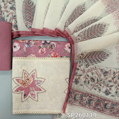 Onion Pink digital printed satin cotton unstitched salwar material, applique work on daman (Smooth, Lining Optional) Drum dyed cotton bottom, hand block printed kota cotton dupatta. TAPINGS NEEDED. SP260119