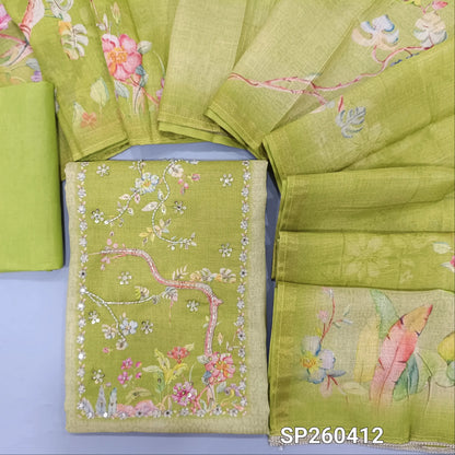 Green tissue linen digital printed unstitched salwar material, bead and embroidery detailing on yoke (Textured, Lining Needed) matching spun cotton bottom, digital printed tissue linen dupatta. SP260412