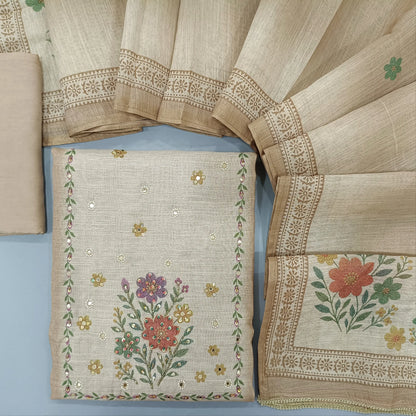 Rich Beige digital printed dual shaded tissue linen unstitched salwar material, cut bead and embroidery on yoke (Textured, Lining Needed) Matching Santoon Bottom, digital printed tissue linen dupatta. SP260211