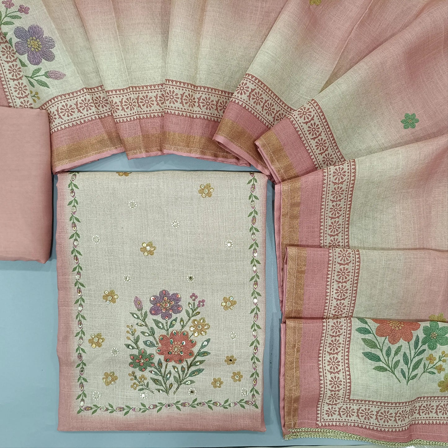 Pastel Pink digital printed dual shaded tissue linen unstitched salwar material, cut bead and embroidery on yoke (Textured, Lining Needed) Matching Santoon Bottom, digital printed tissue linen dupatta. SP260210