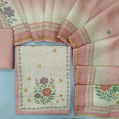 Pastel Pink digital printed dual shaded tissue linen unstitched salwar material, cut bead and embroidery on yoke (Textured, Lining Needed) Matching Santoon Bottom, digital printed tissue linen dupatta. SP260210