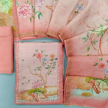 Peachish Pink digital printed dual shaded tissue linen unstitched salwar material, cut bead and embroidery on yoke (Textured, Lining Needed) Matching Santoon Bottom, digital printed tissue linen dupatta. SP260208