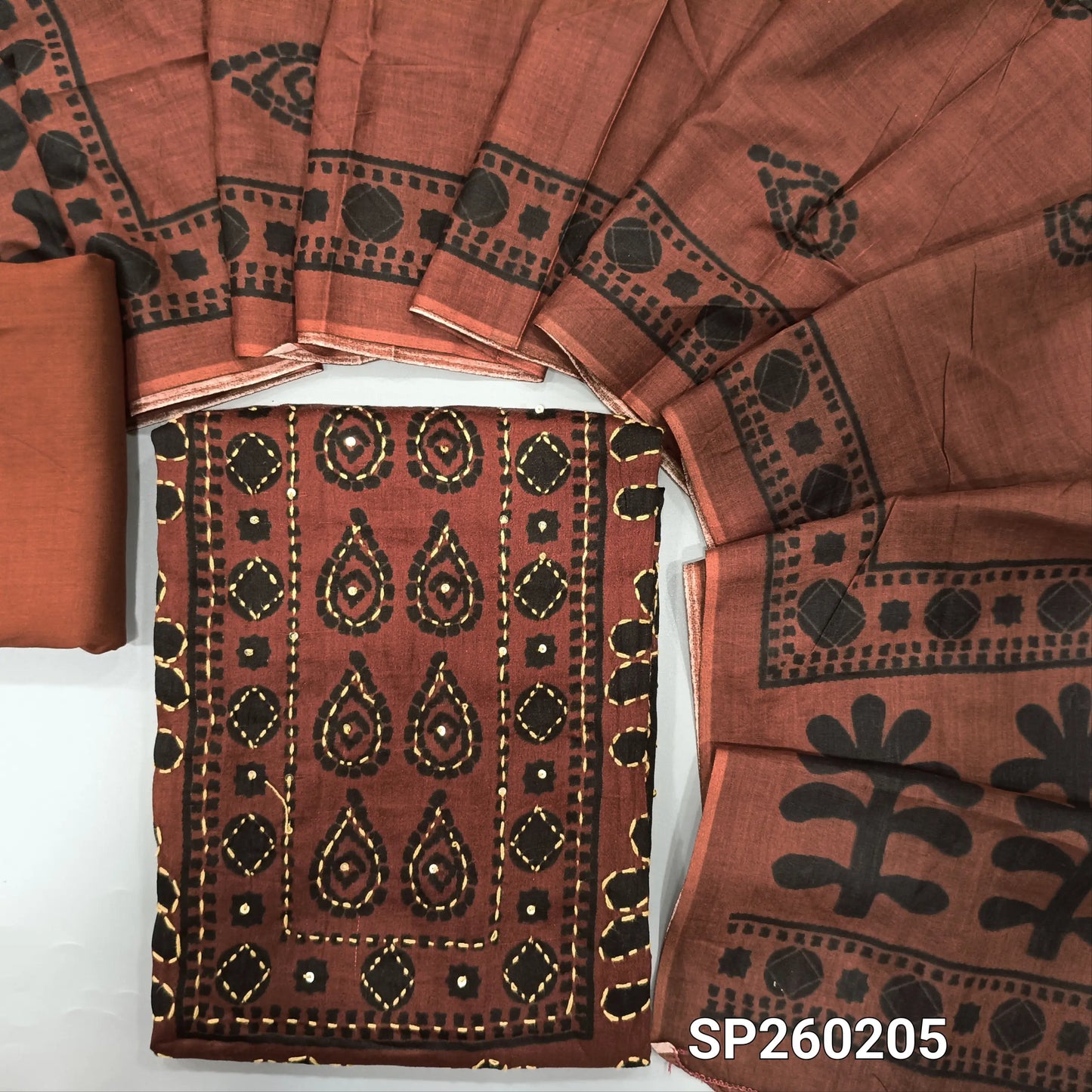 Maroon pure cotton printed unstitched salwar material with hand embroidery on front (Soft, Lining Needed) Matching Santoon Bottom, Digital printed cotton dupatta. SP260205