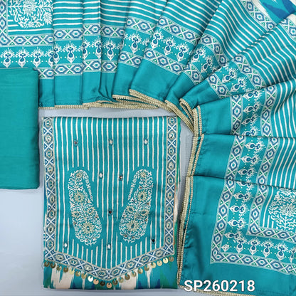 Turquoise blue digital printed satin silk unstitched salwar material, real mirror work on yoke (Lining Optional) Matching bottom, digital printed satin silk dupatta with tapings. SP260218
