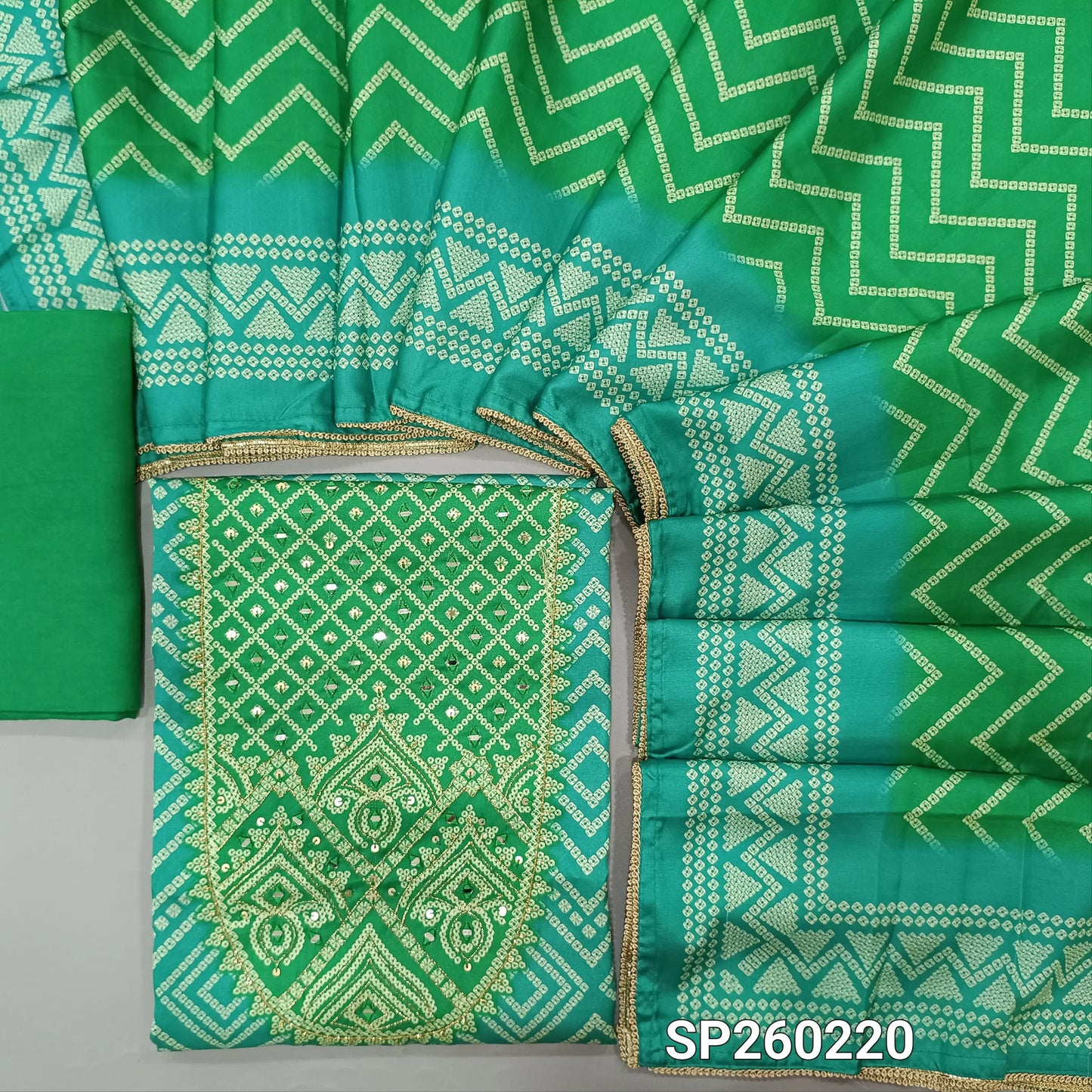 Turquoise blue and green digital printed satin silk unstitched salwar material, real mirror work on yoke (Lining Optional) Matching bottom, digital printed satin silk dupatta with tapings. SP260220