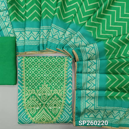 Turquoise blue and green digital printed satin silk unstitched salwar material, real mirror work on yoke (Lining Optional) Matching bottom, digital printed satin silk dupatta with tapings. SP260220