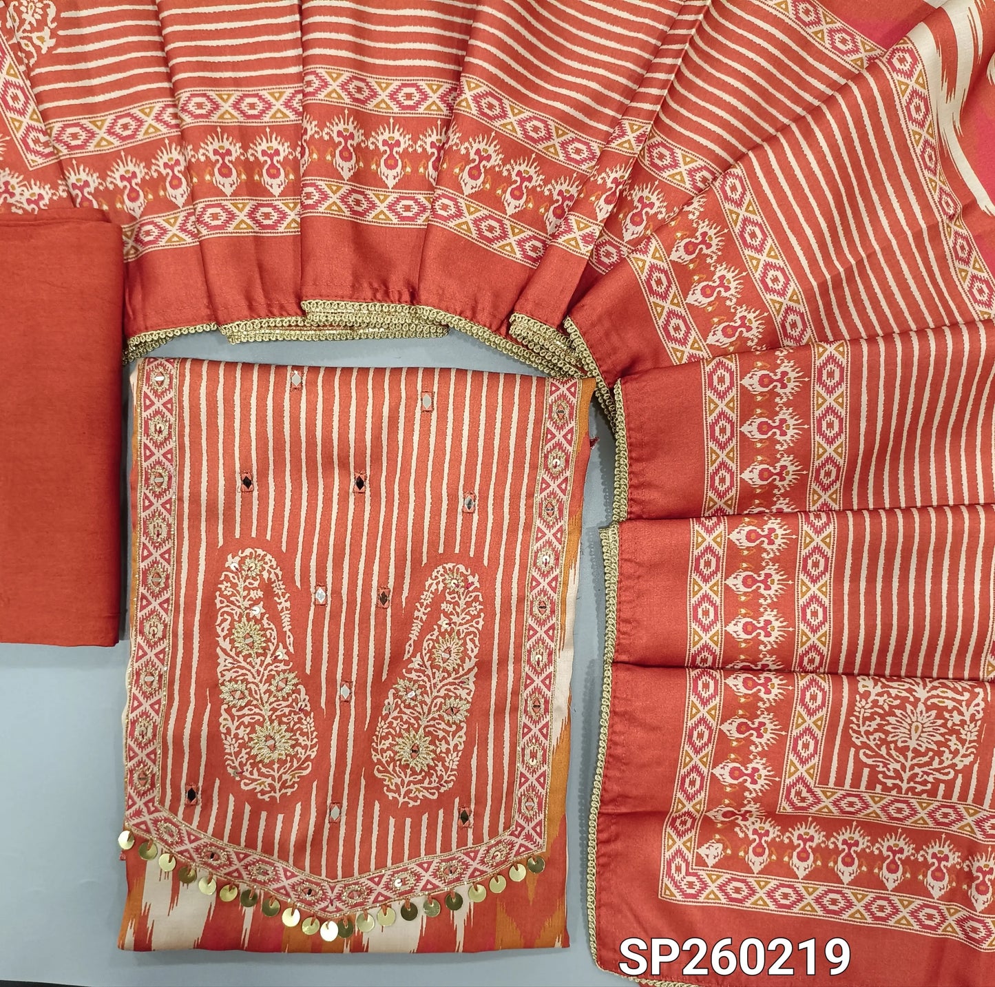 Light and Dark Peach digital printed satin silk unstitched salwar material, real mirror work on yoke (Lining Optional) Matching bottom, digital printed satin silk dupatta with tapings. SP260219