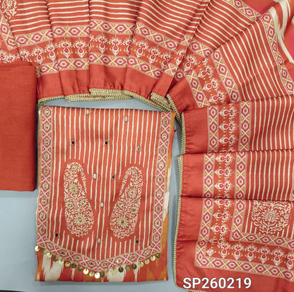 Light and Dark Peach digital printed satin silk unstitched salwar material, real mirror work on yoke (Lining Optional) Matching bottom, digital printed satin silk dupatta with tapings. SP260219
