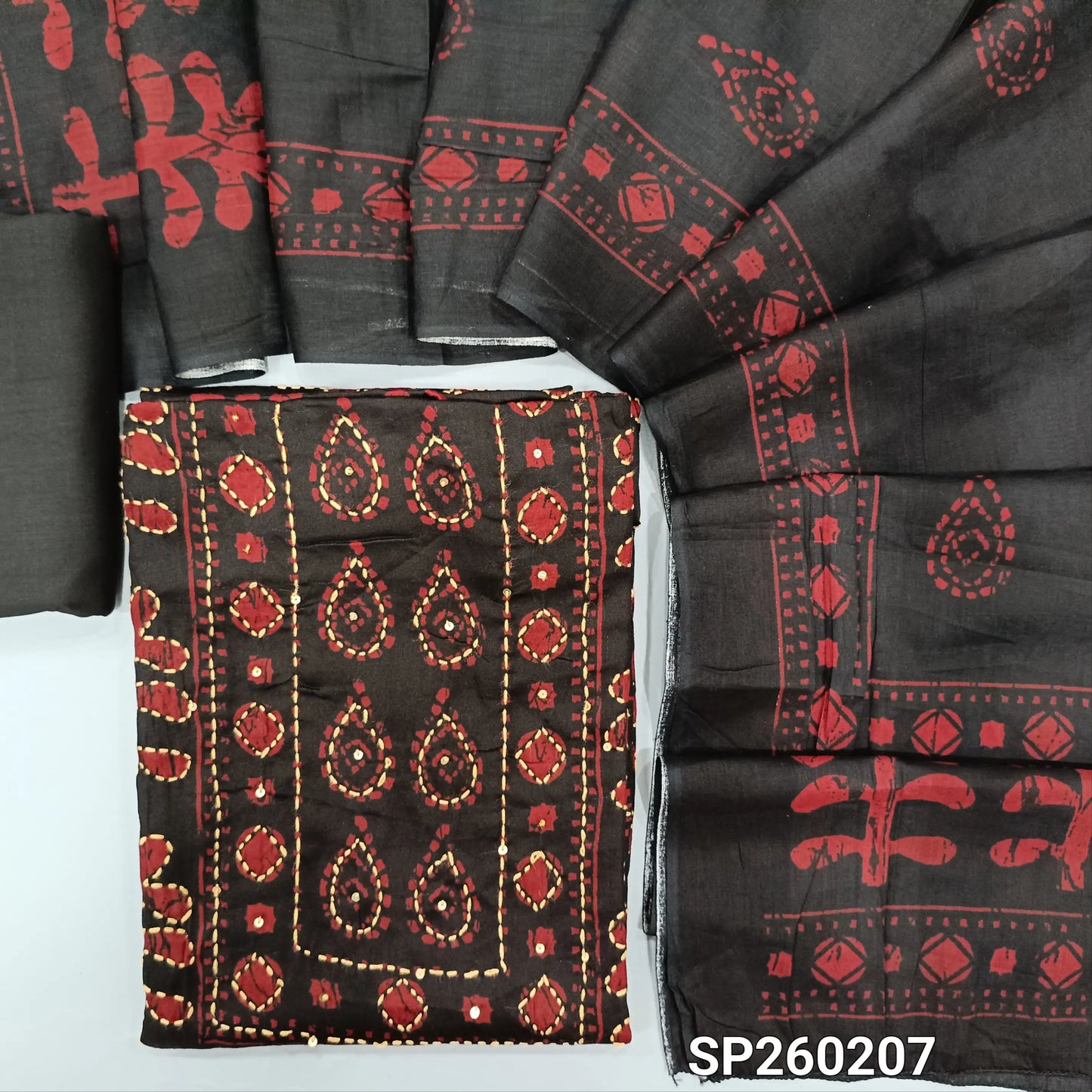 Black pure cotton printed unstitched salwar material with hand embroidery on front (Soft, Lining Needed) Matching Santoon Bottom, Digital printed cotton dupatta. SP260207