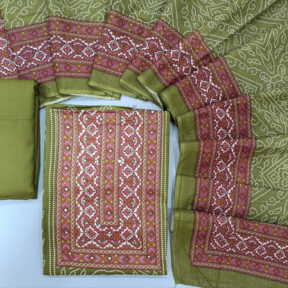 Green with pink bandhini printed soft cotton unstitched salwar material, printed contrast yoke and daman (Lining Needed0matching spun cotton bottom, diital printed soft mul cotton dupatta. SP260631