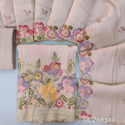 Light mauve mul chanderi unstitched salwar material,embroidery on front,floral embroidery work on daman,( soft,lining needed)cotton bottom,embroidery on  mul chanderi dupatta with floral embroidery and cut work. OC260317