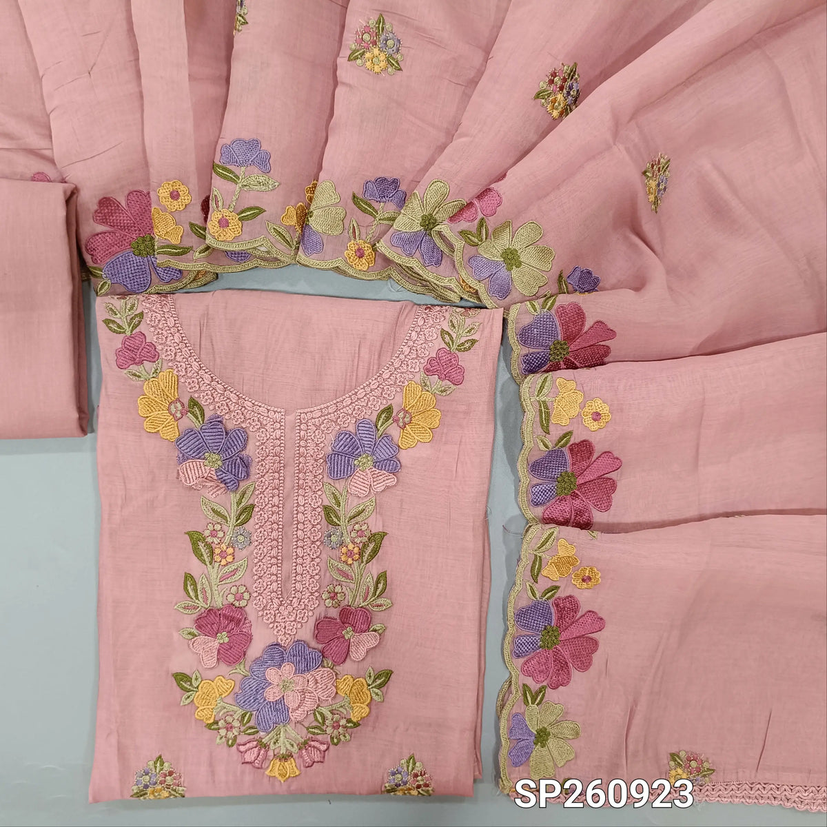Pink pure mul chanderi unstitched salwar material, 3D Embroidery work on yoke and daman, embroidery on front (Thin, Lining Needed)matching cotton bottom, mul chanderi embroidered dupatta. SP260923