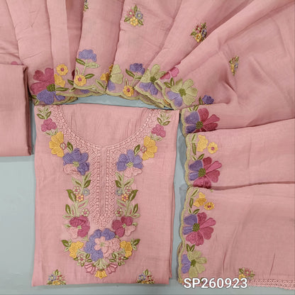 Pink pure mul chanderi unstitched salwar material, 3D Embroidery work on yoke and daman, embroidery on front (Thin, Lining Needed)matching cotton bottom, mul chanderi embroidered dupatta. SP260923