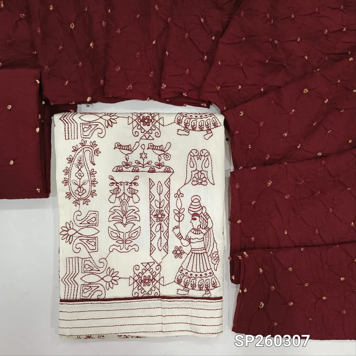 Off White cotton unstitched salwar material, embroidery on front (Lining Optional) Original bandhini dyed cotton bottom and bandhini cotton dupatta. SP260307