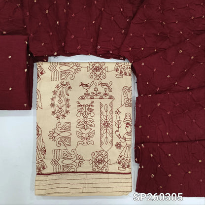 Beige cotton unstitched salwar material, embroidery on front (Lining Optional) Original bandhini dyed cotton bottom and bandhini cotton dupatta. SP260305