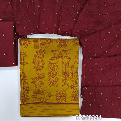 Mehandhi Yellow cotton unstitched salwar material, embroidery on front (Lining Optional) Original bandhini dyed cotton bottom and bandhini cotton dupatta. SP260304