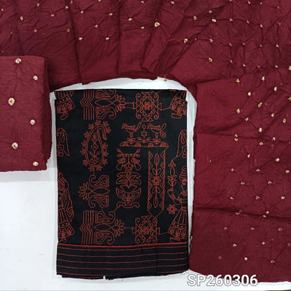 Black cotton unstitched salwar material, embroidery on front (Lining Optional) Original bandhini dyed cotton bottom and bandhini cotton dupatta. SP260306