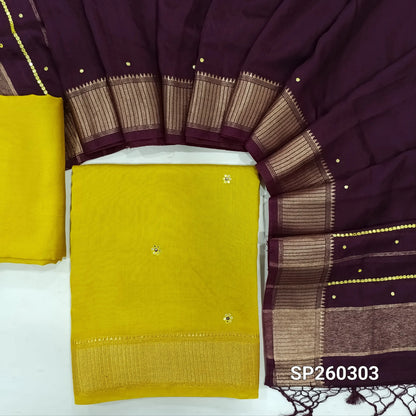 PREORDER SHIPPING 10 DAYS Mehandhi Yellow uppada silk dress material, faux mirror and thread work all over, benarasi zari border (Thin, Lining Needed) Matching bottom, dark maroon uppada silk dupatta with faux mirror work & benarasi borders. SP260302