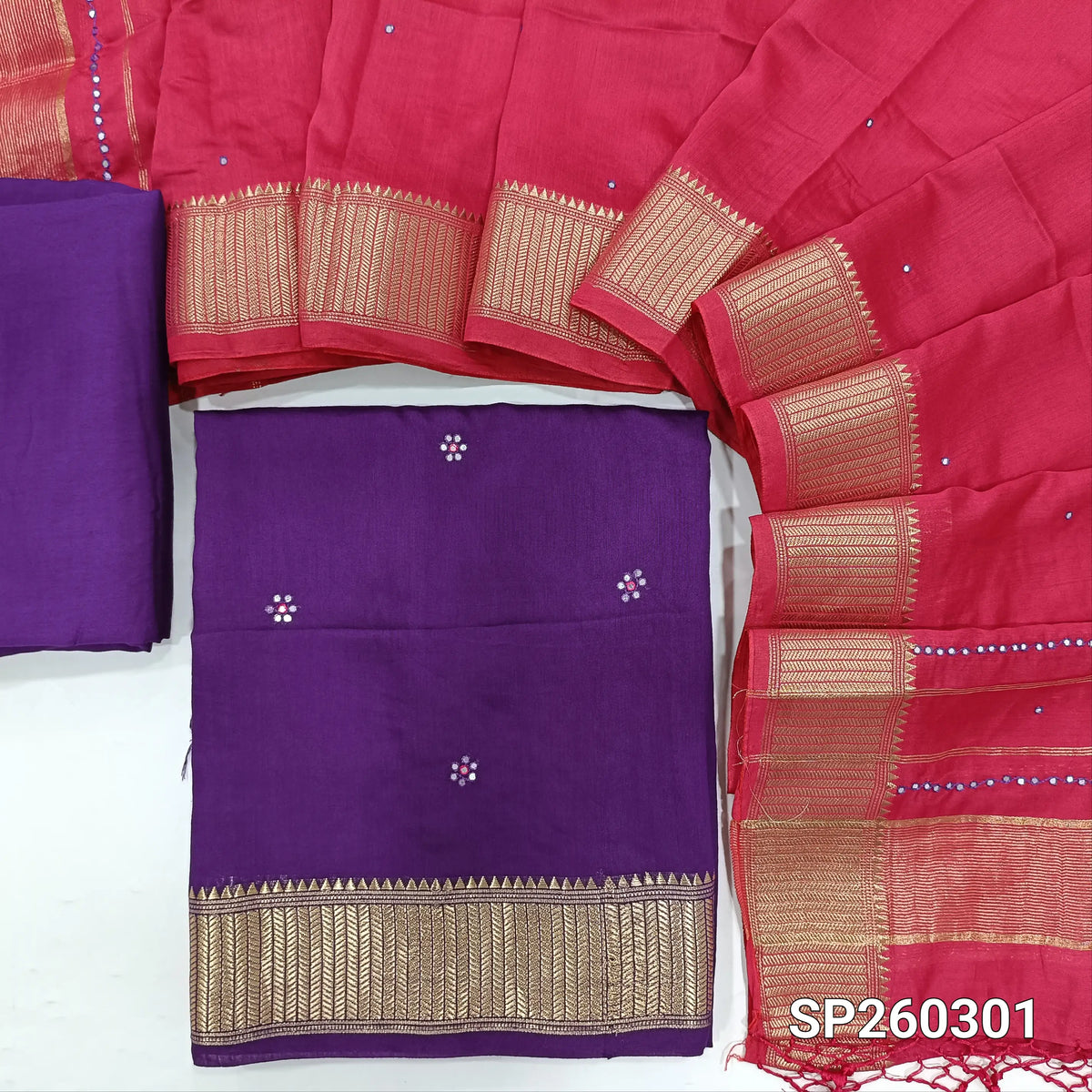 PREORDER SHIPPING 10 DAYS Purple uppada silk unstitched salwar material, faux mirror and thread work all over, benarasi zari border (Thin, Lining Needed) Matching bottom, bright pink uppada silk dupatta with faux mirror work & benarasi borders. SP260301