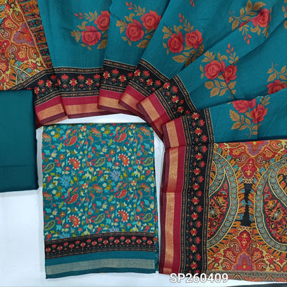 Teal blue floral printed soft silk cotton unstitched salwar material, tissue borders on daman (Lining Needed) Matching spun cotton bottom, digital printed soft silk cotton dupatta with borders. SP260409