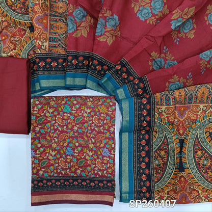 Reddish maroon floral printed soft silk cotton unstitched salwar material, tissue borders on daman (Lining Needed) Matching spun cotton bottom, digital printed soft silk cotton dupatta with borders. SP260407
