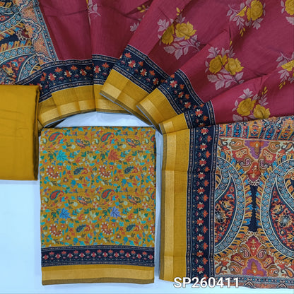 Mehandhi yellow floral printed soft silk cotton unstitched salwar material, tissue borders on daman (Lining Needed) Matching spun cotton bottom, digital printed soft silk cotton dupatta with borders. SP260411