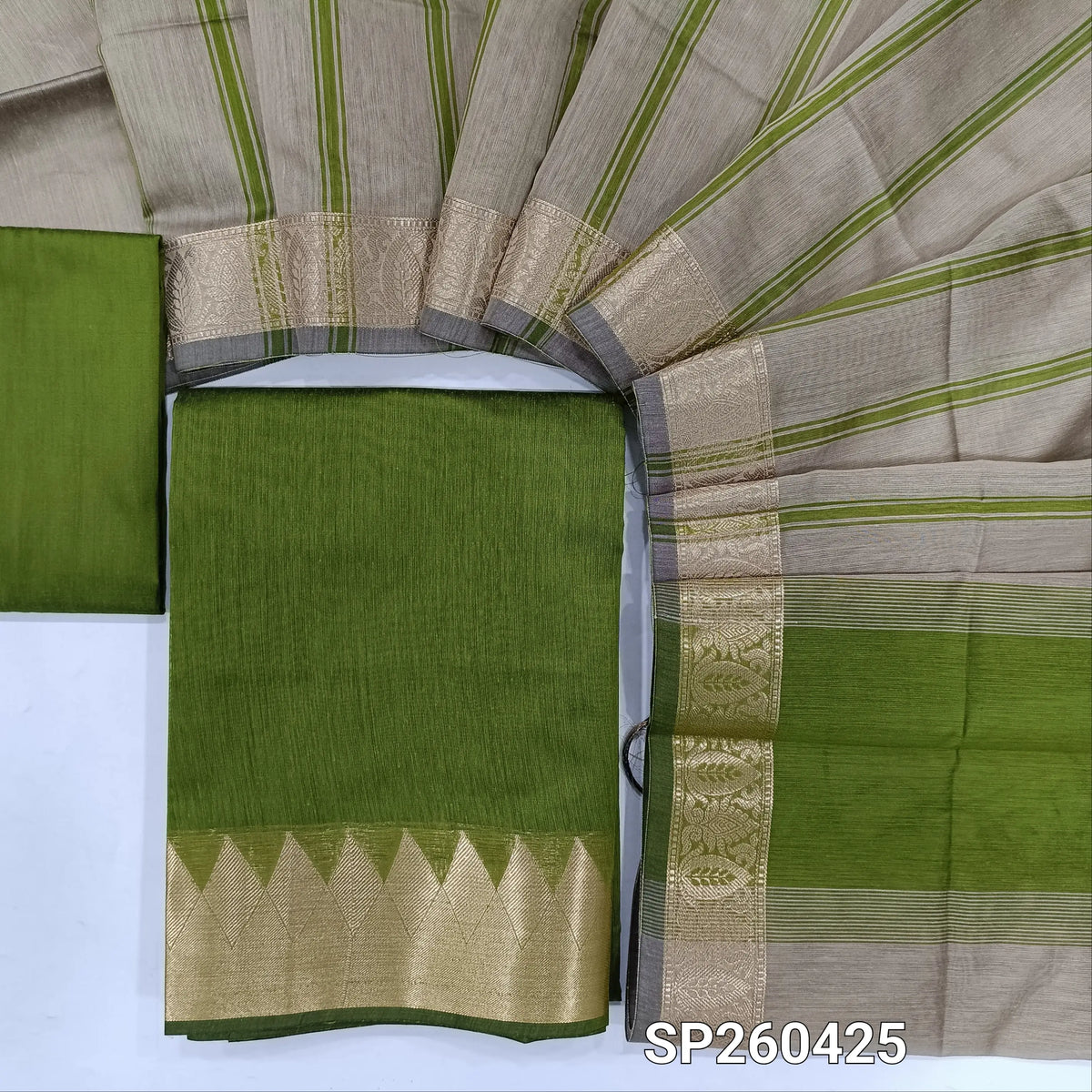 Leafy green semi maheshwari silk cotton unstitched salwar material, zari woven temple borders (Lining Needed) Matching silk cotton bottom, greyish beige silk cotton dupatta. SP260425