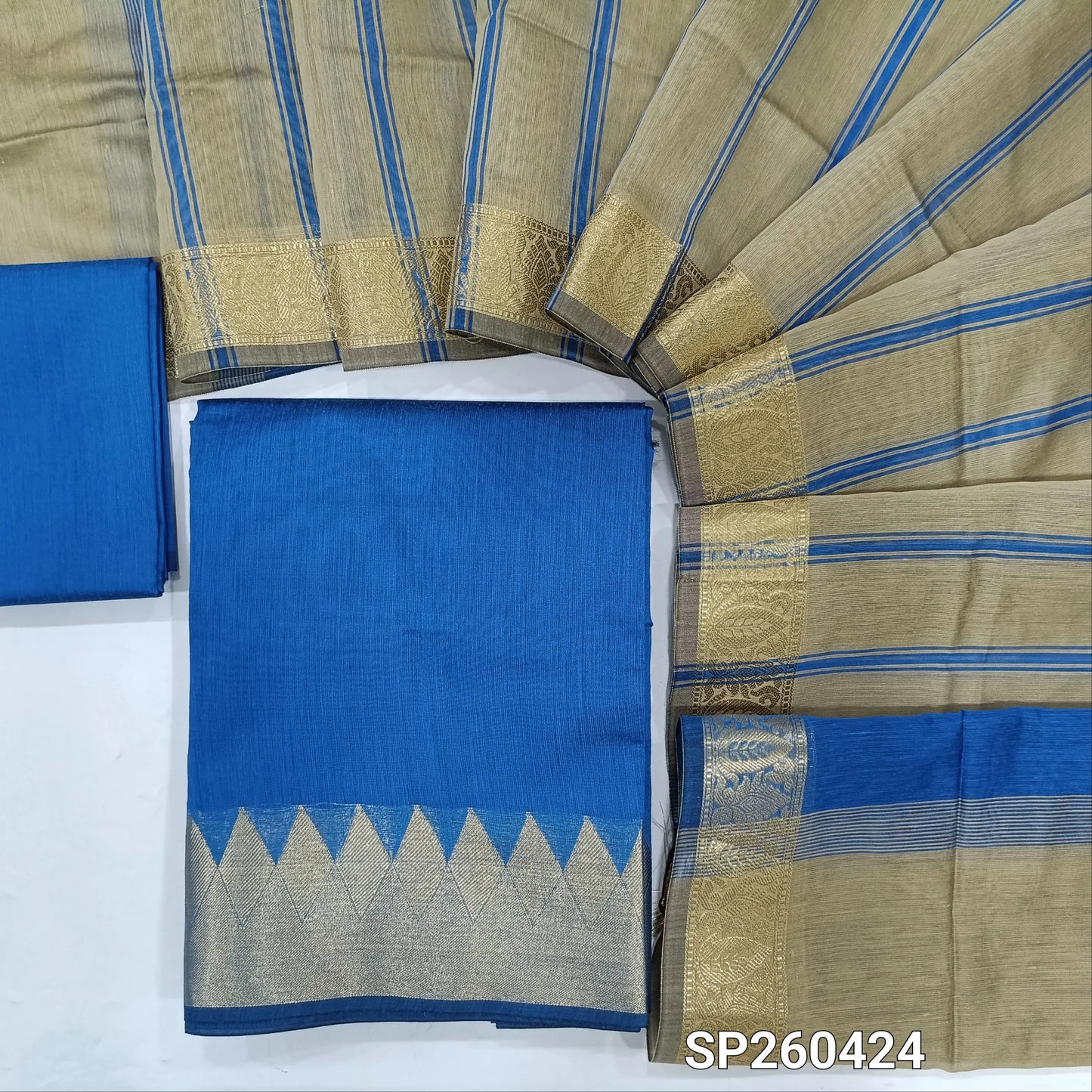 Turquoise blue semi maheshwari silk cotton unstitched salwar material, zari woven temple borders (Lining Needed) Matching silk cotton bottom, greyish beige silk cotton dupatta. SP260424