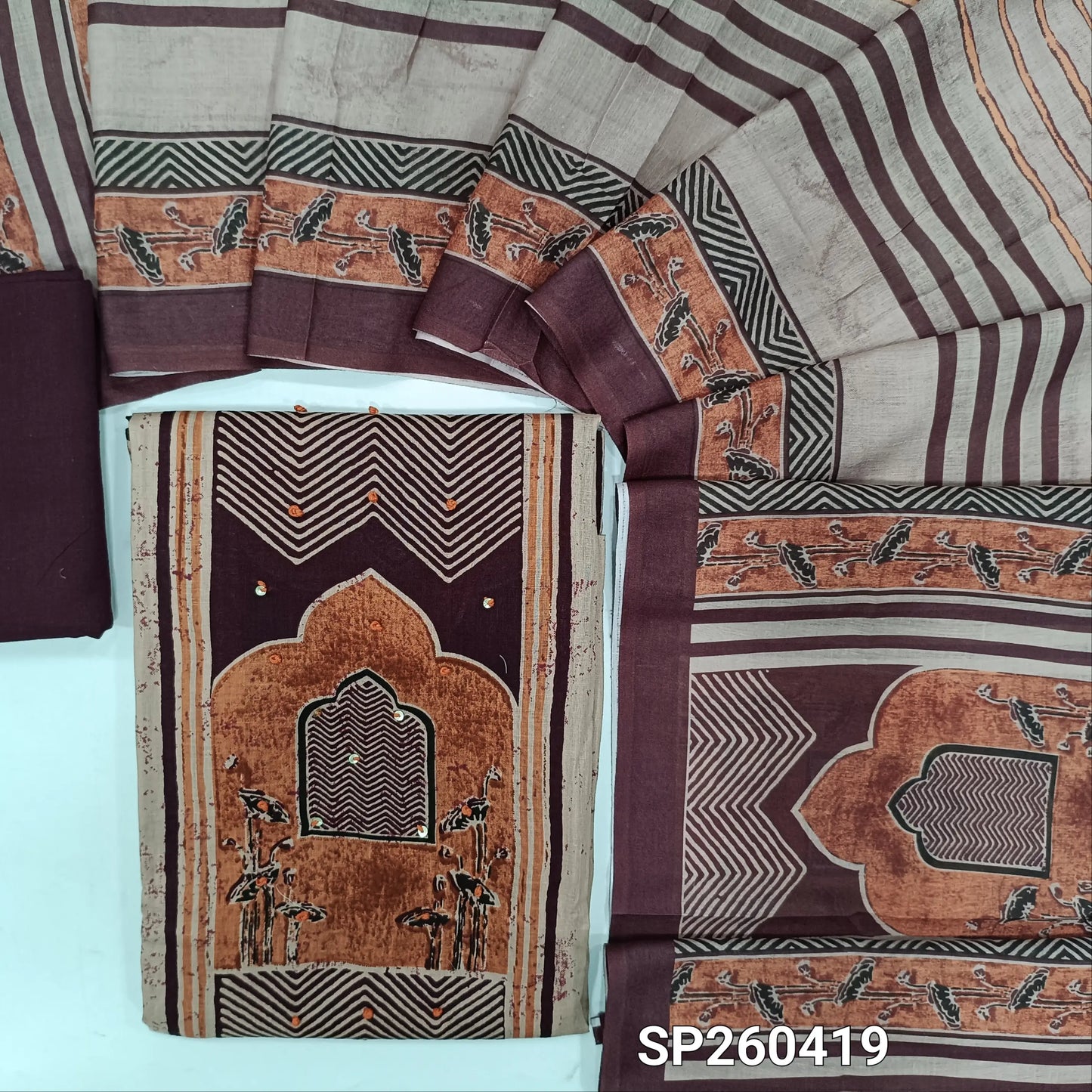 Dark peach printed soft cotton unstitched salwar material (Lining Needed) contrast cotton bottom, printed soft cotton dupatta. SP260419
