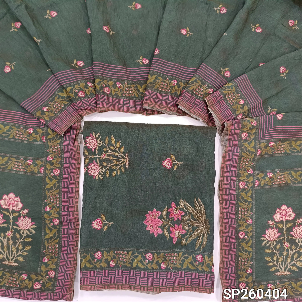 PREORDER SHIPPING AFTER 15 DAYS Dark teal green digital printed mogra chanderi unstitched salwar material (Crinkled, Lining Needed) No Bottom, digital printed mogra chanderi dupatta. SP260404