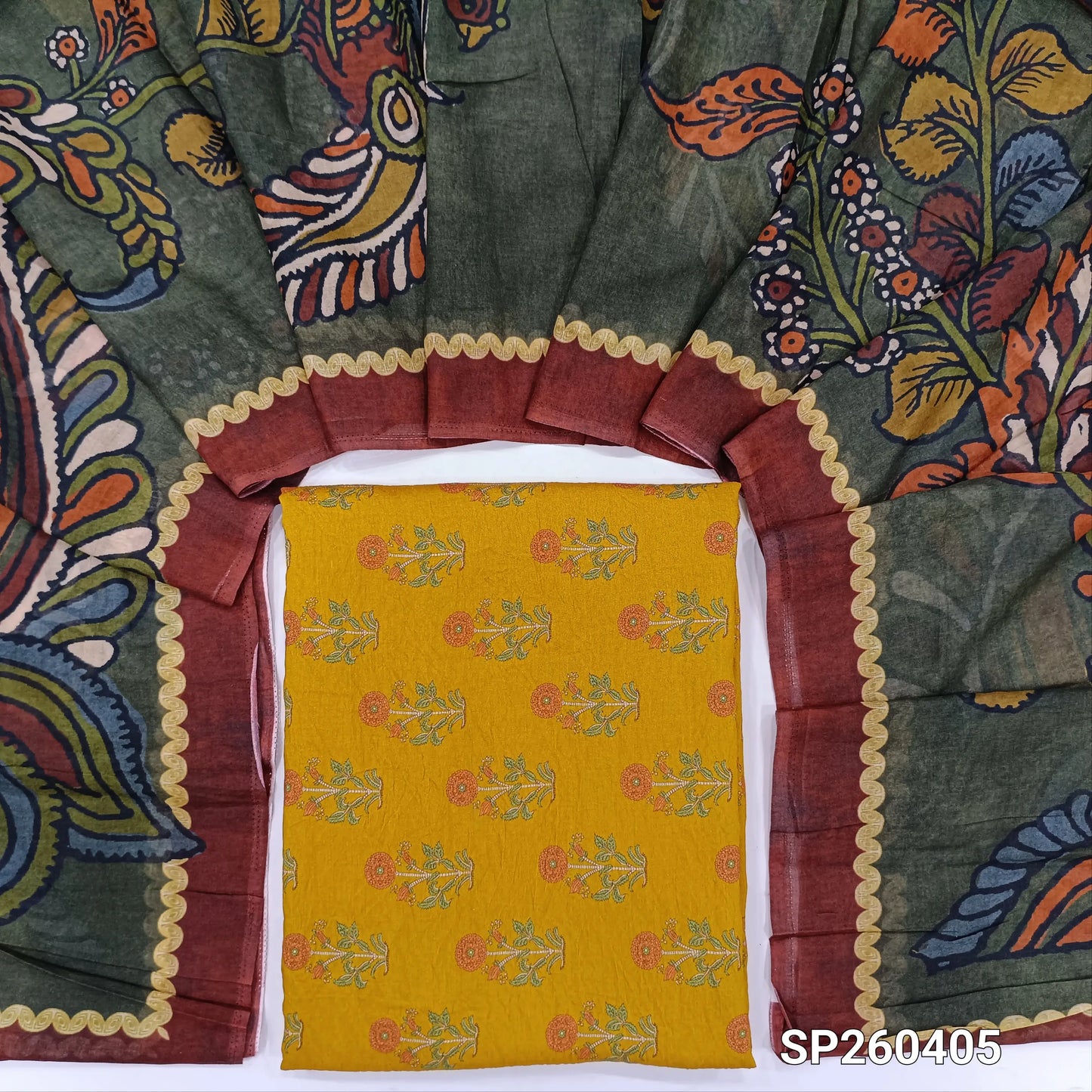 Yellow digital printed mogra chanderi unstitched salwar material (Crinkled, Lining Needed) No Bottom, digital printed mul cotton dupatta. SP260405