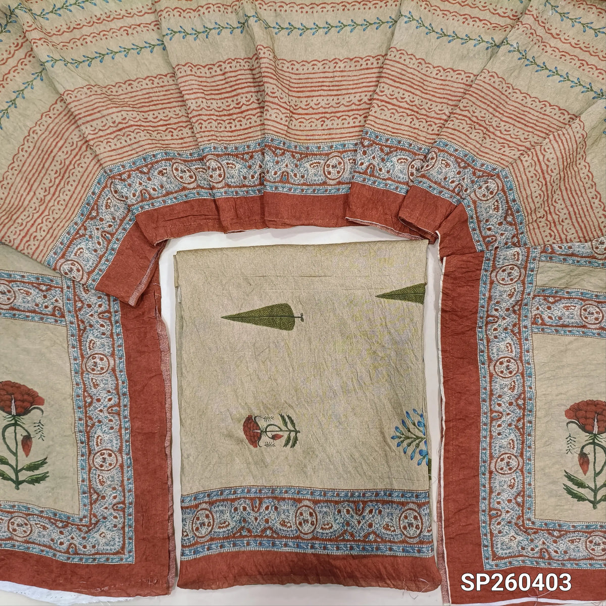 PREORDER SHIPPING AFTER 15 DAYS  Rich beige digital printed mogra chanderi unstitched salwar material (Crinkled, Lining Needed) No Bottom, digital printed mogra chanderi dupatta. SP260403