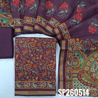 Dark beetroot purple floral printed soft silk cotton unstitched salwar material, tissue borders on daman (Lining Needed) Matching spun cotton bottom, digital printed soft silk cotton dupatta with borders. SP260513