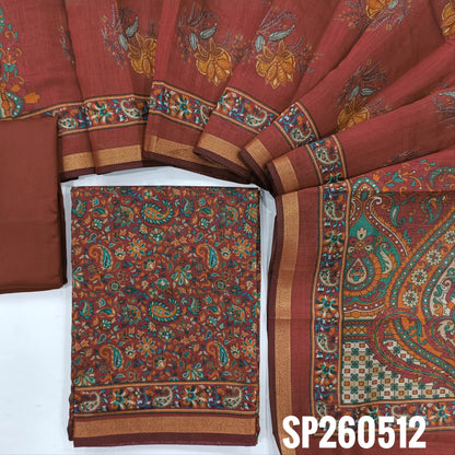 Reddish maroon floral printed soft silk cotton unstitched salwar material, tissue borders on daman (Lining Needed) Matching spun cotton bottom, digital printed soft silk cotton dupatta with borders. SP260512