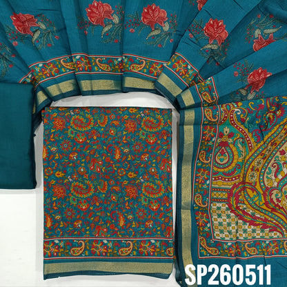 Teal blue floral printed soft silk cotton unstitched salwar material, tissue borders on daman (Lining Needed) Matching spun cotton bottom, digital printed soft silk cotton dupatta with borders. SP260511