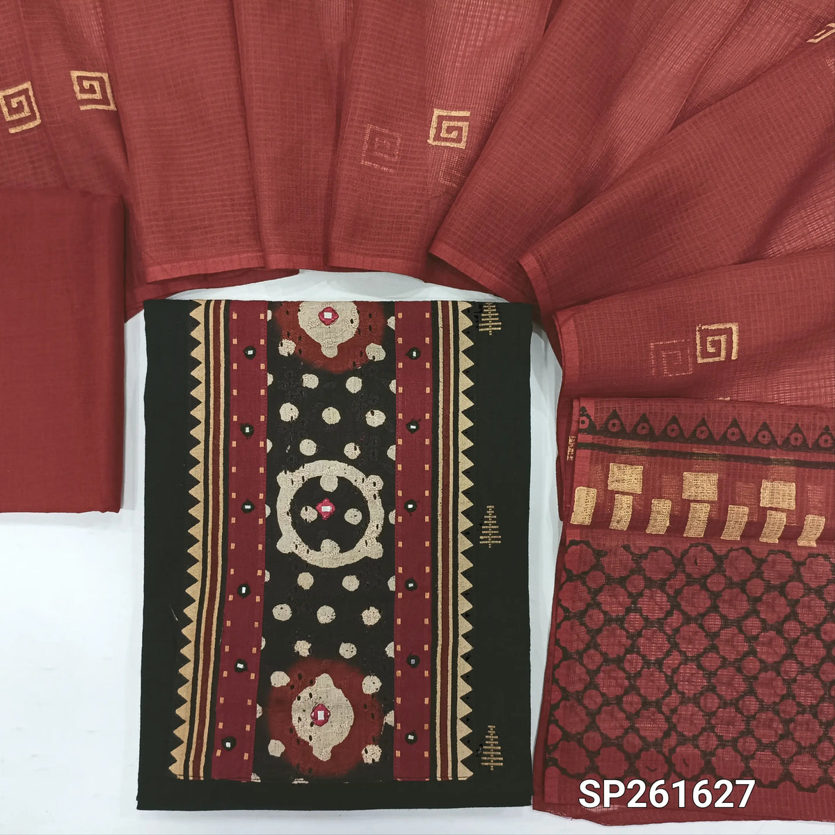 Black premium handloom cotton unstitched salwar material, batik and schiffli work on yoke, thread weaving all over,macthing cotton bottom, blokc printed kota cotton dupatta. SP261627