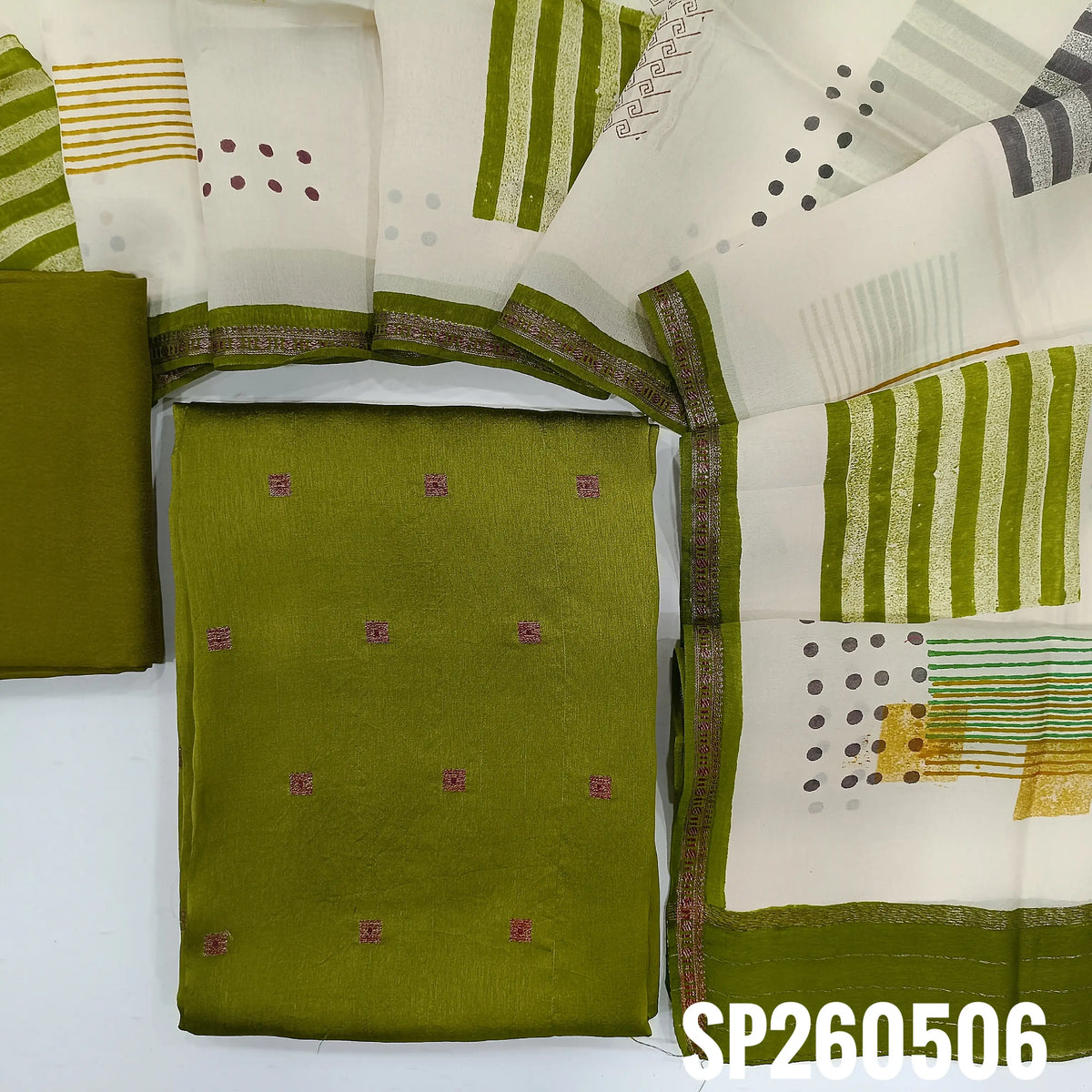 PREORER SHIPPING IN 15 DAYS Mossy green designer pure katan silk dress material, antique gold zari buttas all over (Shiny, Silky, Lining Needed) silk bottom, digital printed katan silk dupatta with borders and zari strips on pallu. SP260506